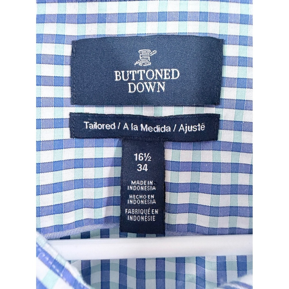Mens 16.5 34 Buttoned Down Shirt Supima Cotton Gingham Blue Tailored Dress Shirt